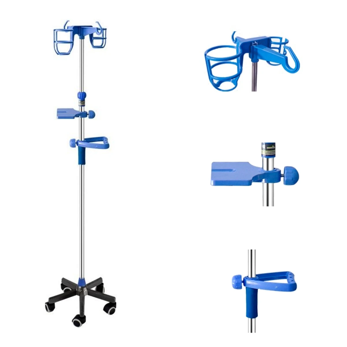 Hospital and Clinic Medical Adjustable Mobile IV Pole Drip StandABS Two hooks and two frames infusion stand with haft and tray details