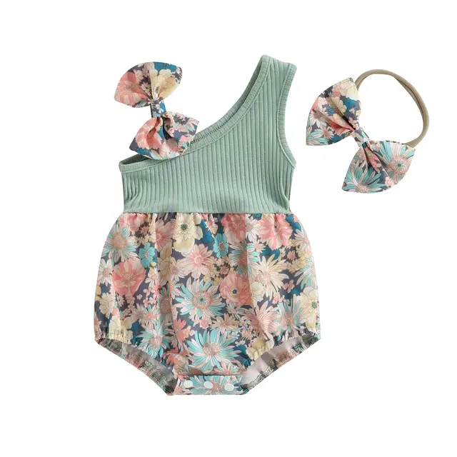 Baby girl two piece summer floral one shoulder romper and stretchy headband cute outfit