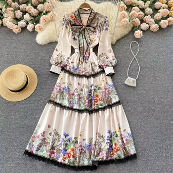 Wholesale 2024 summer casual style long-sleeved dress V-neck waist slim print a line swing women's wear