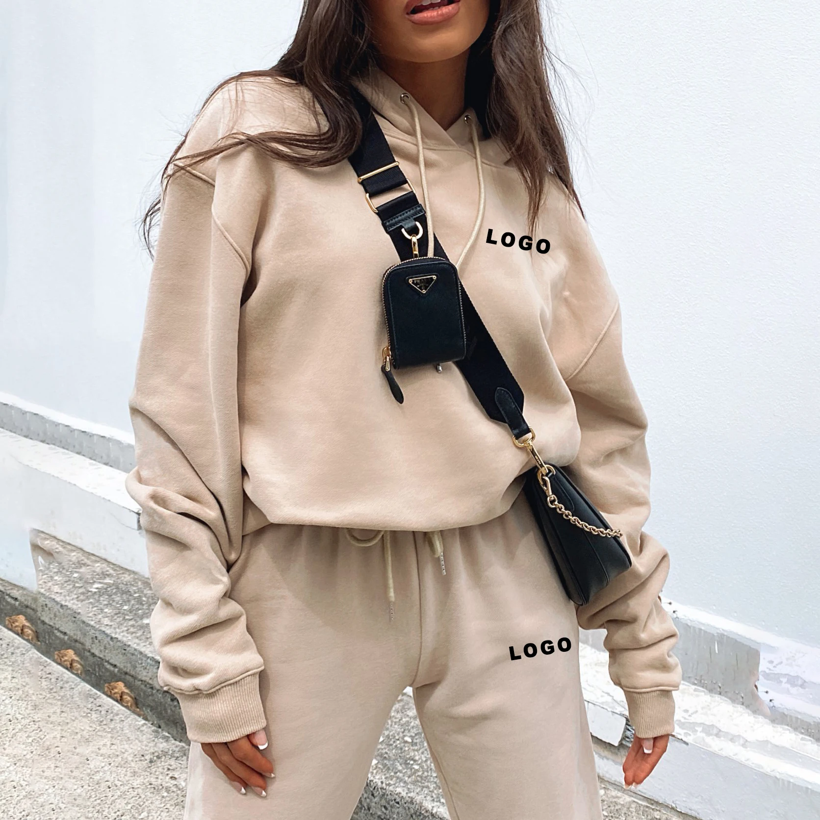 2021 High Quality Plain Custom Logo Oversized Hoodie Two Piece Sport Jogging Sets Cotton for Women