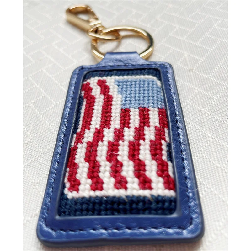 SNK006 Custom Design Key Chain Genuine Leather Key Holder with American Flag Stitch & Needlepoint Fashionable Handcraft Key Fob
