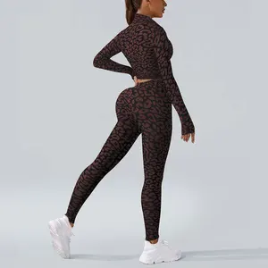 Seamless Leopard Print Long Sleeve Sports Set for Women Zipper Jacket and  Leggings Two Piece Outfit for Fitness and Yoga