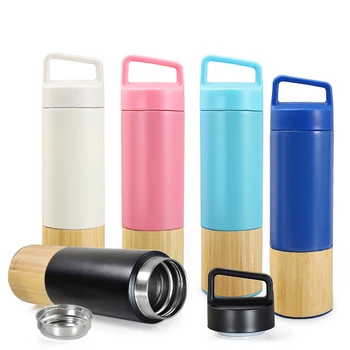 Custom 550ml Bamboo Shell Sport Vacuum Flask With Handle Stainless Steel Insulated Thermo Bottle