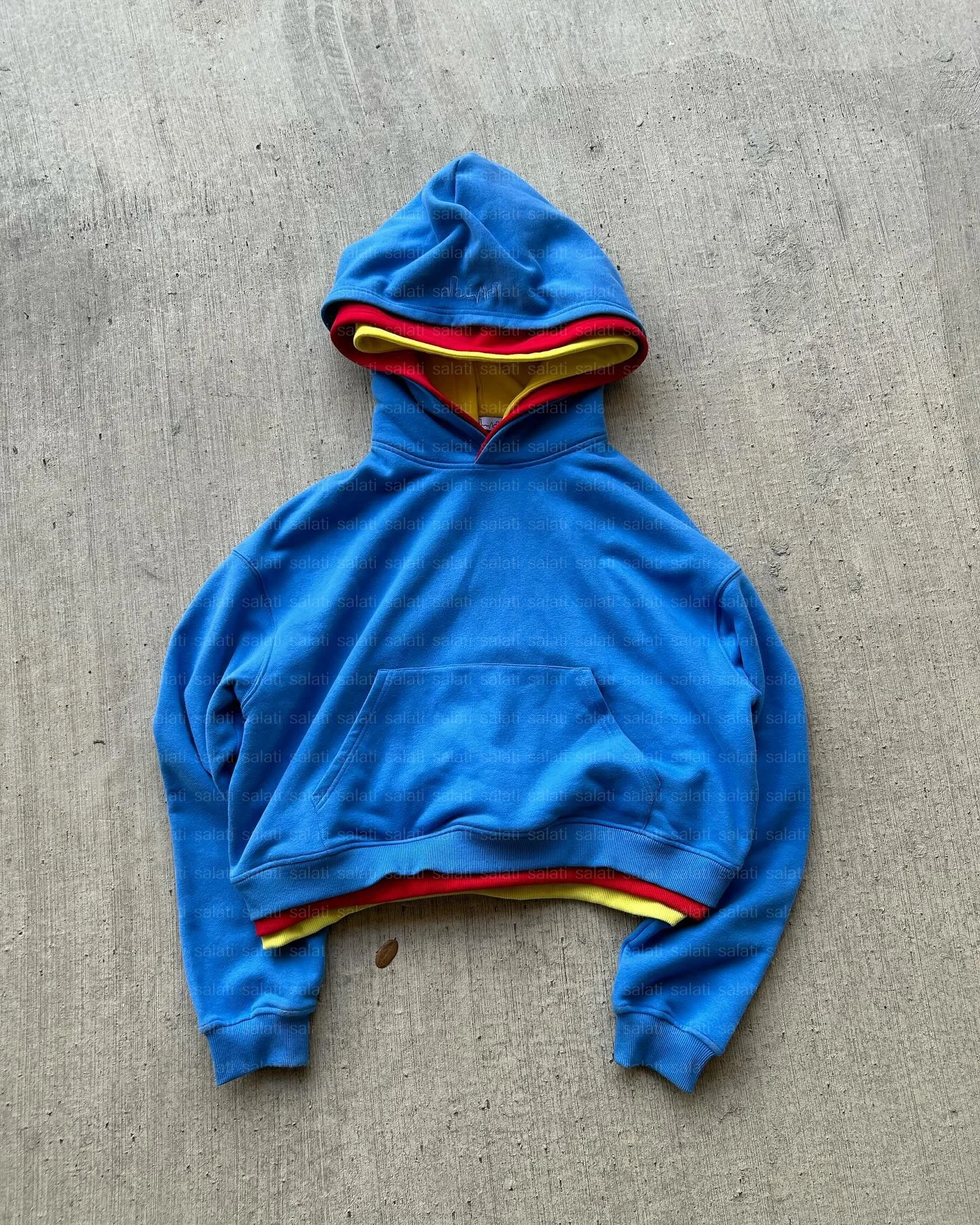 Custom Streetwear Hooded Sweatshirt Triple Multi 3 Layer Color Block Boxy Fit 500GSM Thick Plain Blank Embroidery Hoodie for Men gallery 3