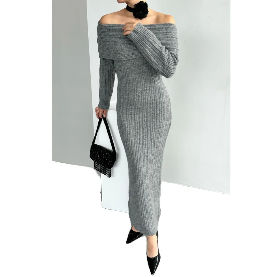 woolen maxi dress for ladies Autumn/Winter Knitwear Casual A-Line Silhouette Button Decoration Short Sleeves Solid Pattern Natural Viscose ecom_vernon