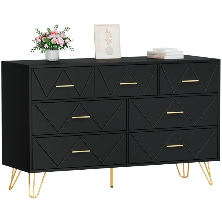 Elegant Black 7 - Drawer Dresser Featuring in High Quality Certified MDF  and Tapered Metal Legs Black Dresser
