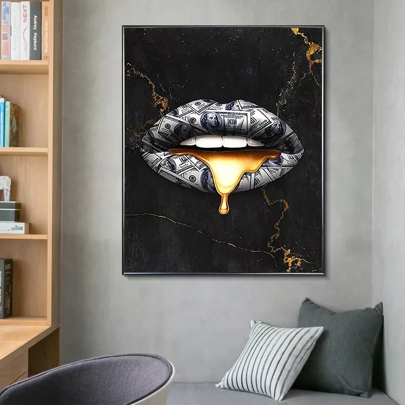 Sexy Gold Money Lips Mouth Canvas Painting Wall Art Prints