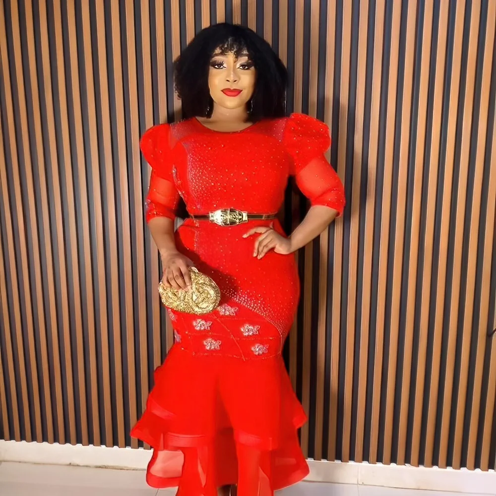 Morden Style South Africa Dress Mesh Gauze Africa Women Evening Dresses  Elegant Party Rhinestone African Traditional Attire