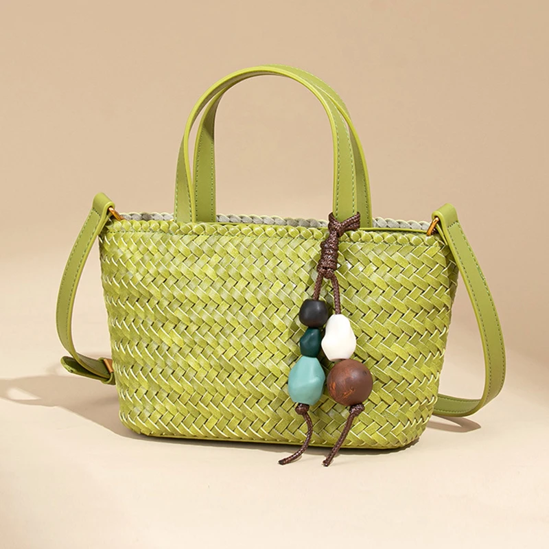 2026 New Summer Macaron Market Woven Tote Bag Trendy Versatile Shoulder Crossbody Bag PU Leather Fashion Unique Beach Vacation