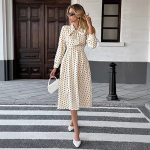 2025 New Women's Clothing Autumn Elegant Retro Style Bow Neck Long Sleeve Waist Cinching Polka Dot Casual Dress