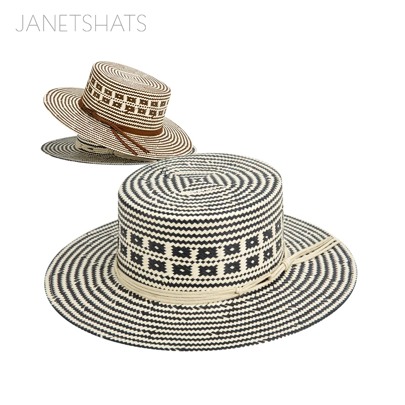 Custom Geometric Colombian Pattern Boater Wide Brim Hat Handmade Chapeau Femme Breathable Paja Jazz Hat for Travel and Fishing