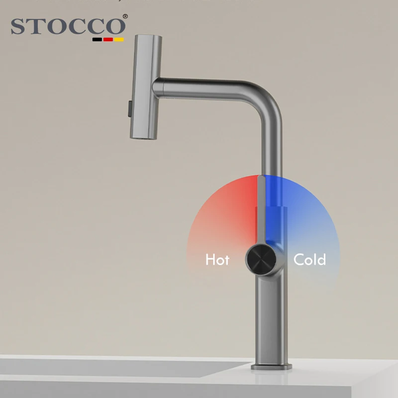 STOCCO Modern Design Single Hole Deck 3 Way Pull Waterfall Kitchen Faucet Brass Material Ceramic Unique Gun Cold Water Tap Pull