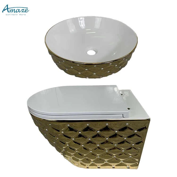 Modern wall hung toilet set match basin ceramic gold color wash basin golden bathroom sink details