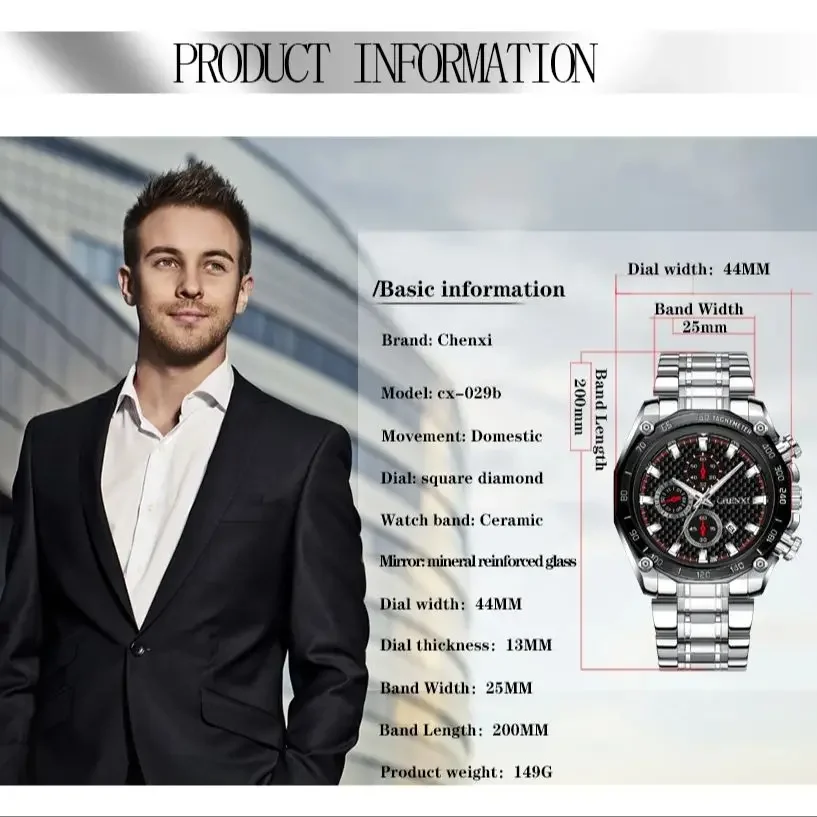 CHENXI 029 Men's Quartz Watch – Waterproof Stainless Steel
