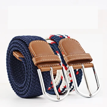 D1238 Unisex Canvas Woven Leather Belts Wide Metallic Buckle Elastic Stretch Waist Belt