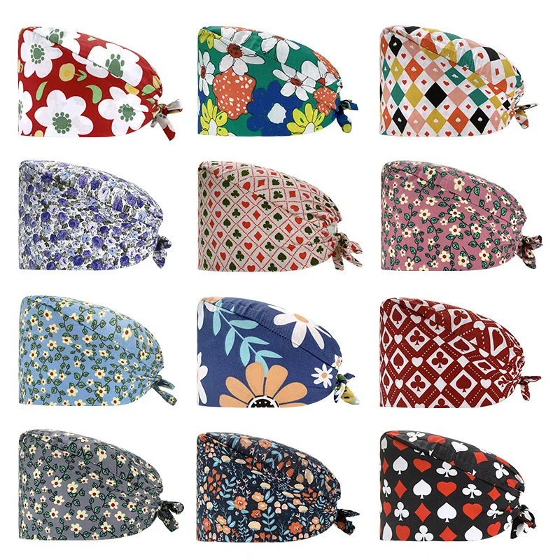 Custom Printed Pattern Nurse Cap Adjustable Women Scrub Pure Cotton Comfortable  Cartoon Printed Surgical Scrub Cap