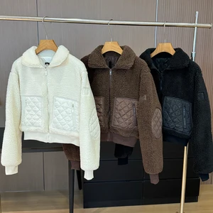 Autumn Winter Vintage Style Short Jacket for Women Brown Lamb Wool Hooded Stand Collar Thickened Warm Sports Casual Top Zipper