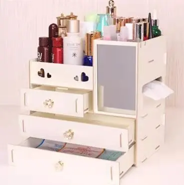 HelloWorld Large Wooden Desktop Cosmetics Collection Box Mirror South Korea Drawer Type Rearrangement of Wooden Boxes
