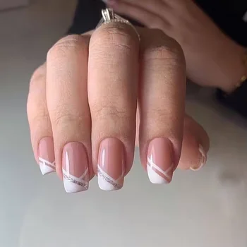 Wholesale 24 Pcs Luxury Gentle Nude White Manicure Press on Nails Handmade Acrylic Design Brand Logo Artificial Fingernails