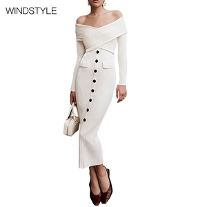 OEM/ODM Design Sense Single-Breasted White Wool Knit Dress Sexy Slim Knee-Length Solid Pattern Button for Daily Wear