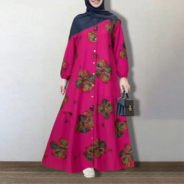 Hot Sales Buttons Crew Neck Muslim Abaya Kaftan Floral Print Party Robe ...
