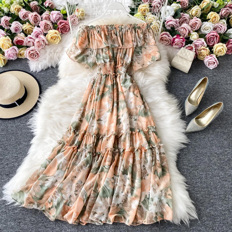 High Waist Women Summer Ruffle Slash Off Shoulder Dress Short Sleeve Floral Printed Long Dress 108cm length Alibaba