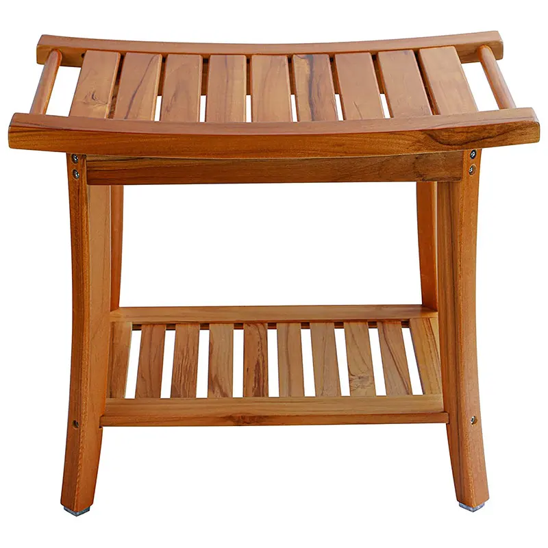 Teak Waterproof Wooden Shower Chair With Storage Shelf Spa Bath Seat ...