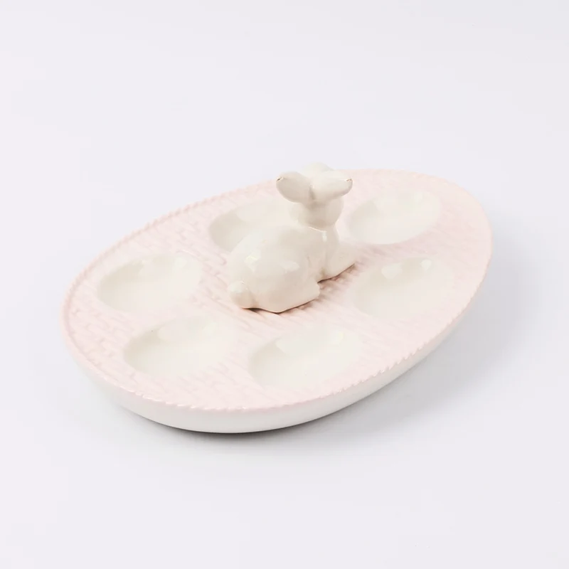 Easter Rabbit Ceramic 6 Compartment Egg Holder Plate Carrier Deviled Egg Serving Plate Tray