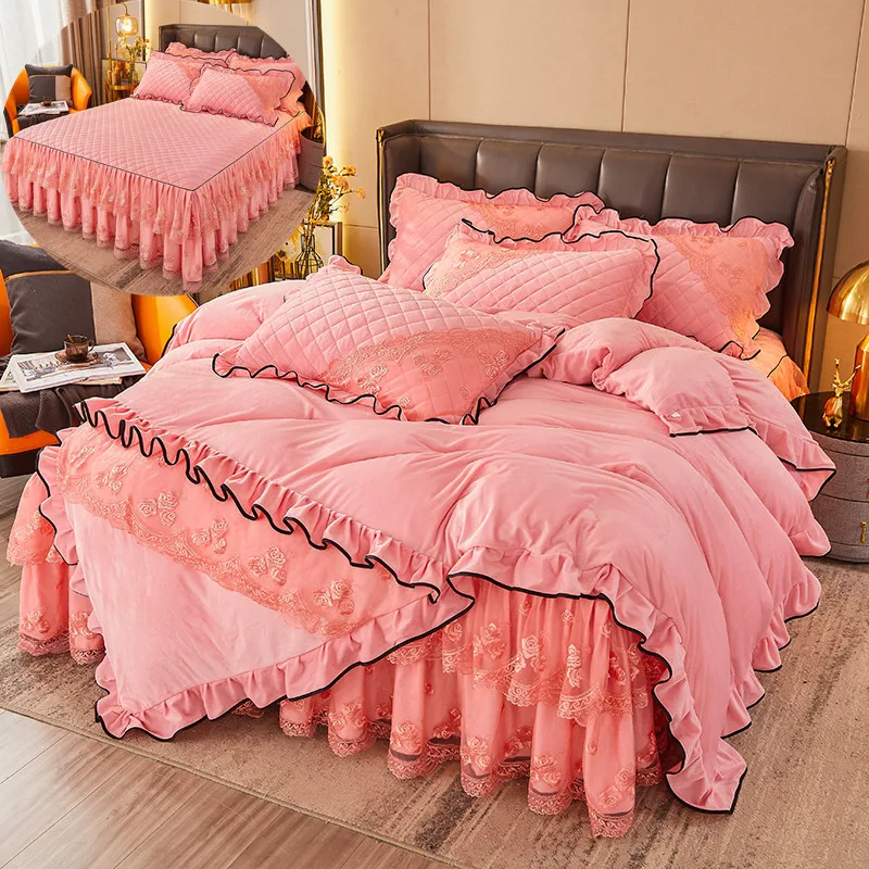 Comforter Bed Sheets And Skirt Bed Set Home Full Size Lace Velvet Embroidery Bedding Set