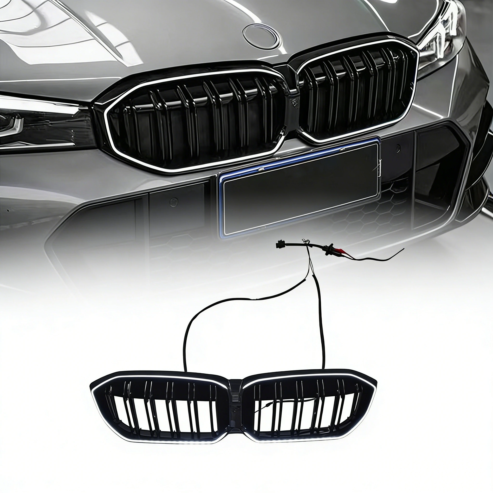 2023+ G20 LCI Double Line Glossy Black ABS Car LED Grill Grille for BMW 3 Series M330i M340i
