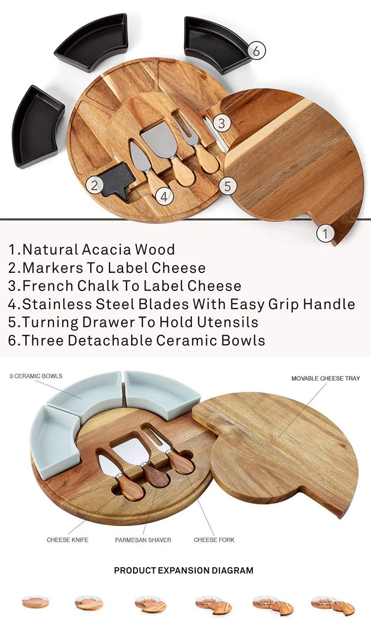 Round Acacia Wooden Cheese Board & Knife Set with Ceramic Bowls - Multi ...