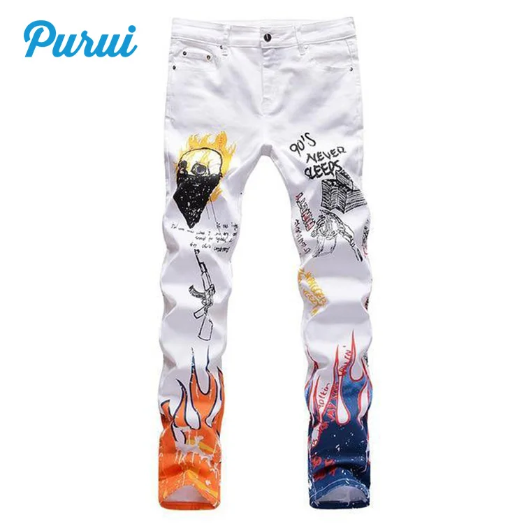 Mens Jeans White Jeans With Flames Flying Ninety The Flame Of
