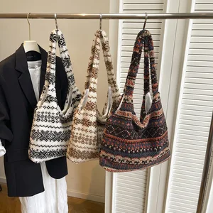 Stripe Patchwork Fluffy Shoulder Bag Vintage Contrast Color Casual Shopper Handbags for Women Travel Handbags