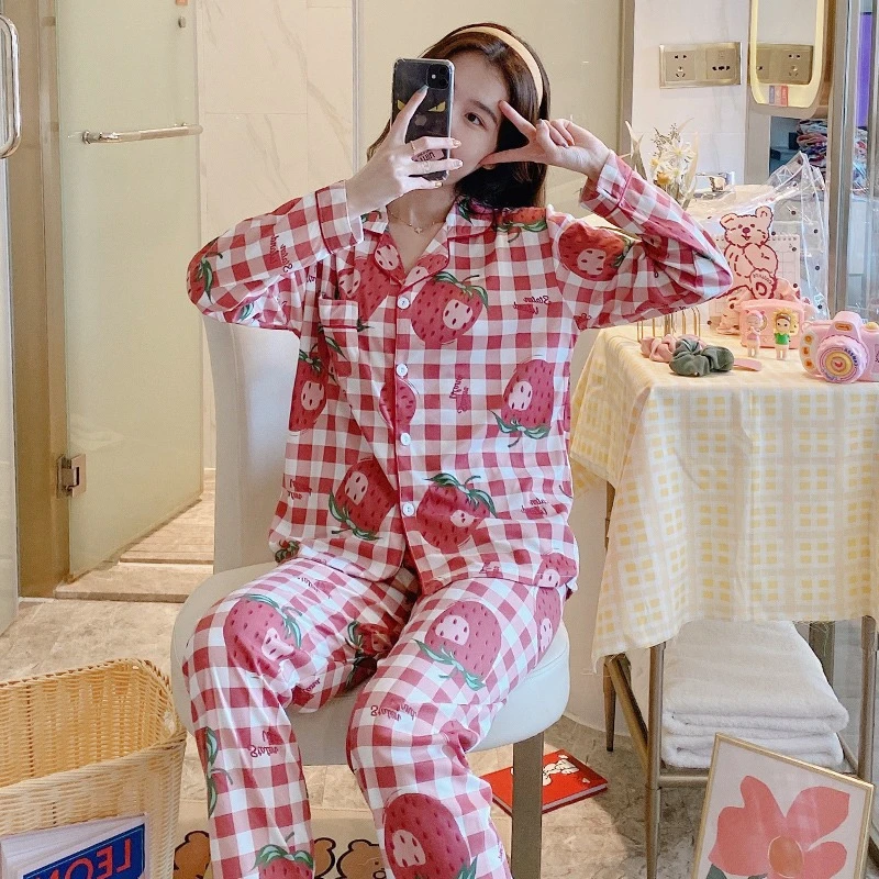 Factory-Designed Home Clothing Set for Spring Autumn New Breathable Cotton Cardigan Long Sleeve Pajamas Trousers Sweet Knitted