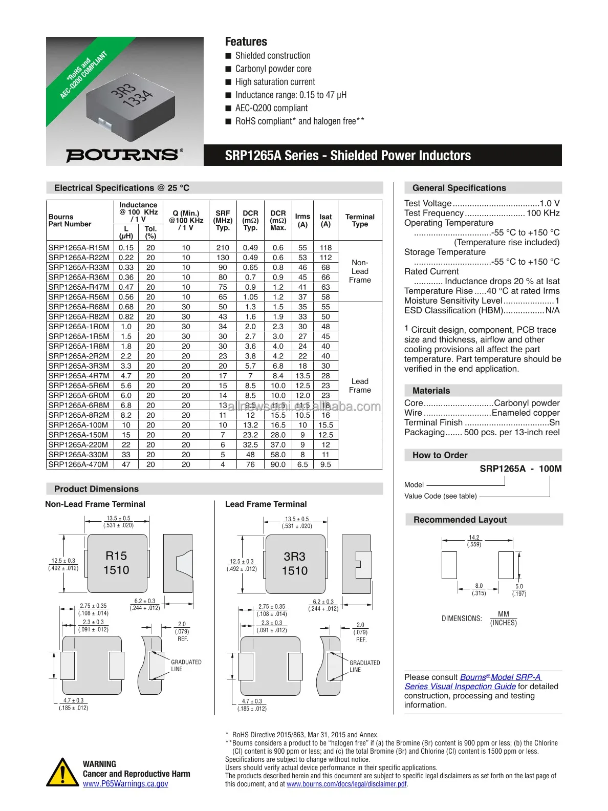 Hot sale Original SRP1265A-100M Fixed Inductor FIXED IND 10UH 10A 16.5 MOHM SMD Shielded Drum Wirewound Inductor Max Nonstandard