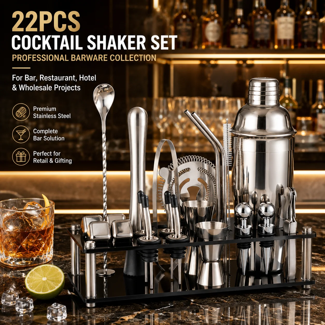 ODM OEM Custom Logo 22 Piece Bartender Kit 700ml Cocktail Shaker Set Stainless Steel Barware Tools With Acrylic Display Stand