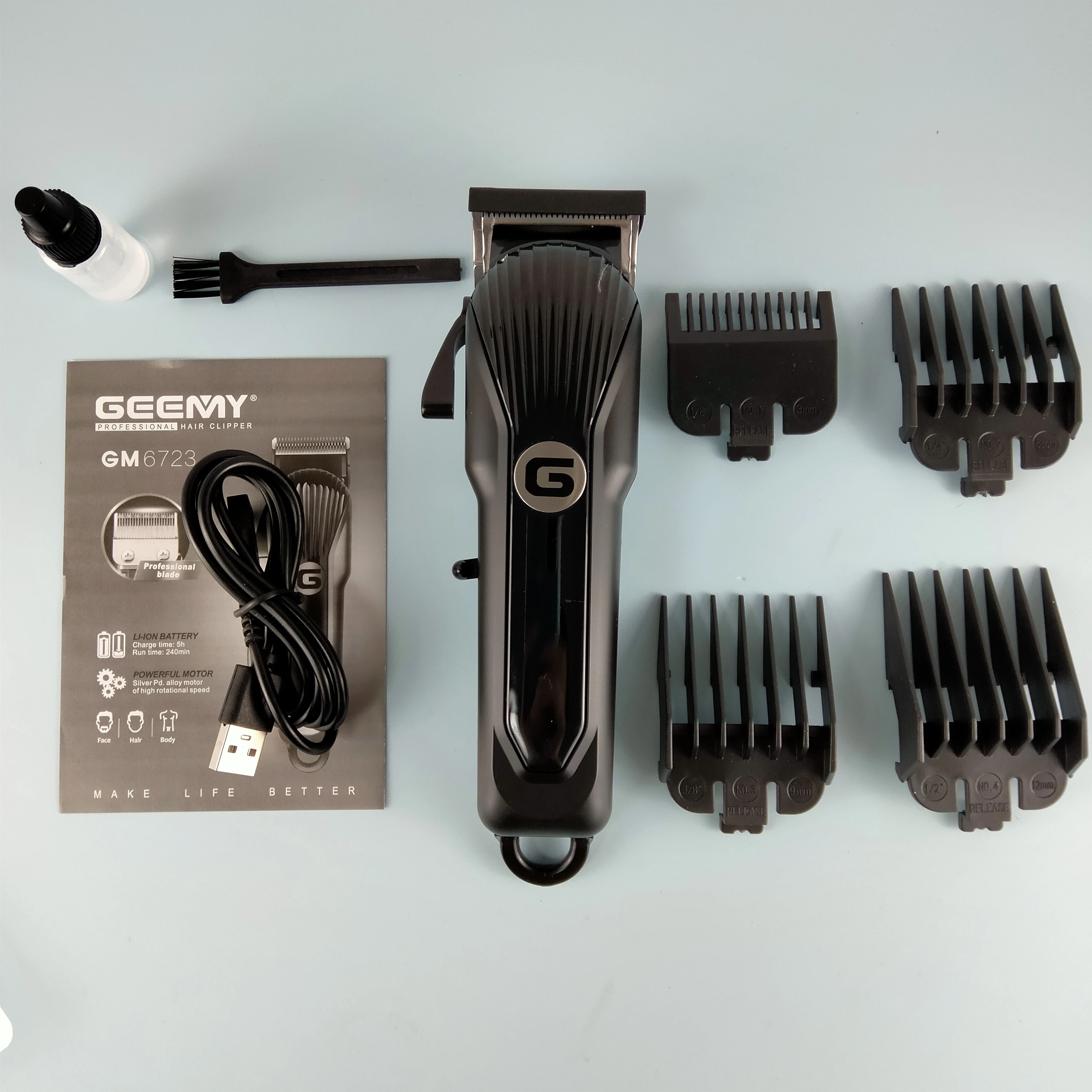View Larger Image Geemy GM-6723  Barber Equipment Professional Cordless Electric Hair Trimmer Rechargeable Hair Clip