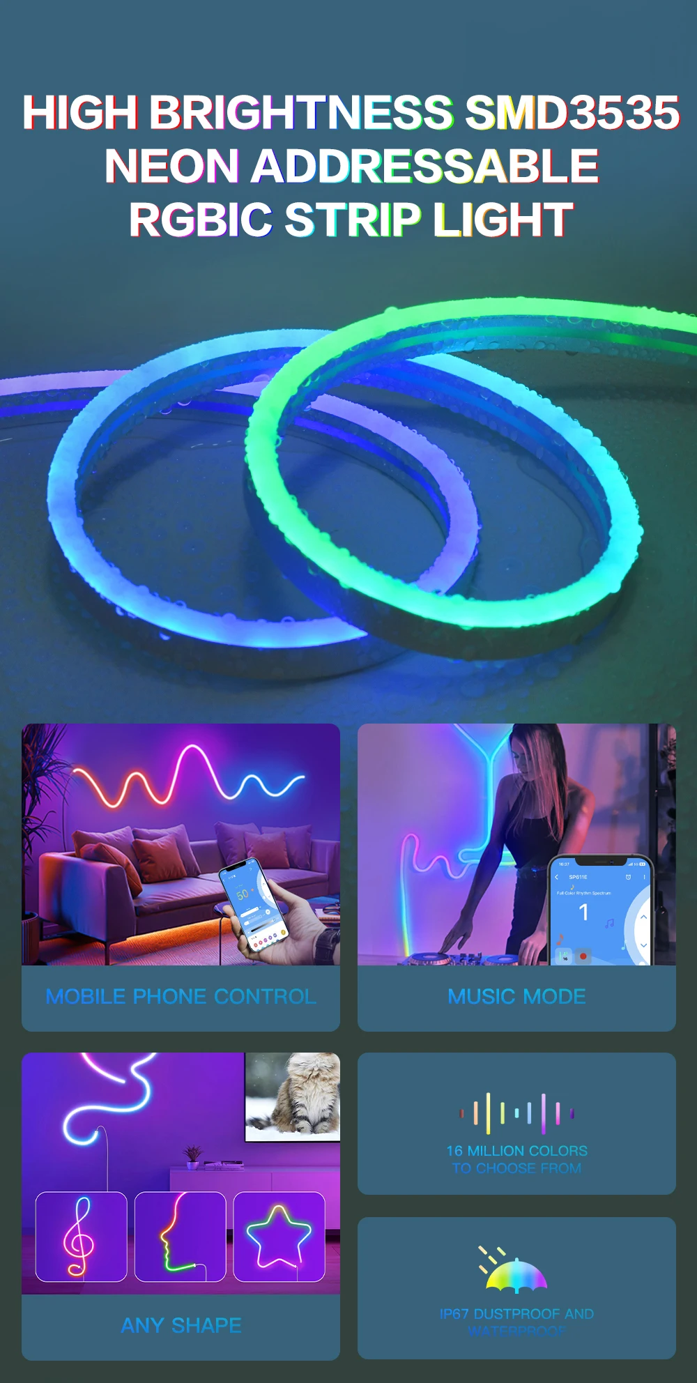 High Quality Wholesale Custom Cheap Rgbic Neon Light 12v 24v Rope Light