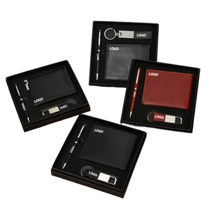 Wholesale Luxury 3-in-1 RFID Feature PU Leather Wallet+Key Chain+Pen Set Perfect Back to School Corporate Personal Gift for Men