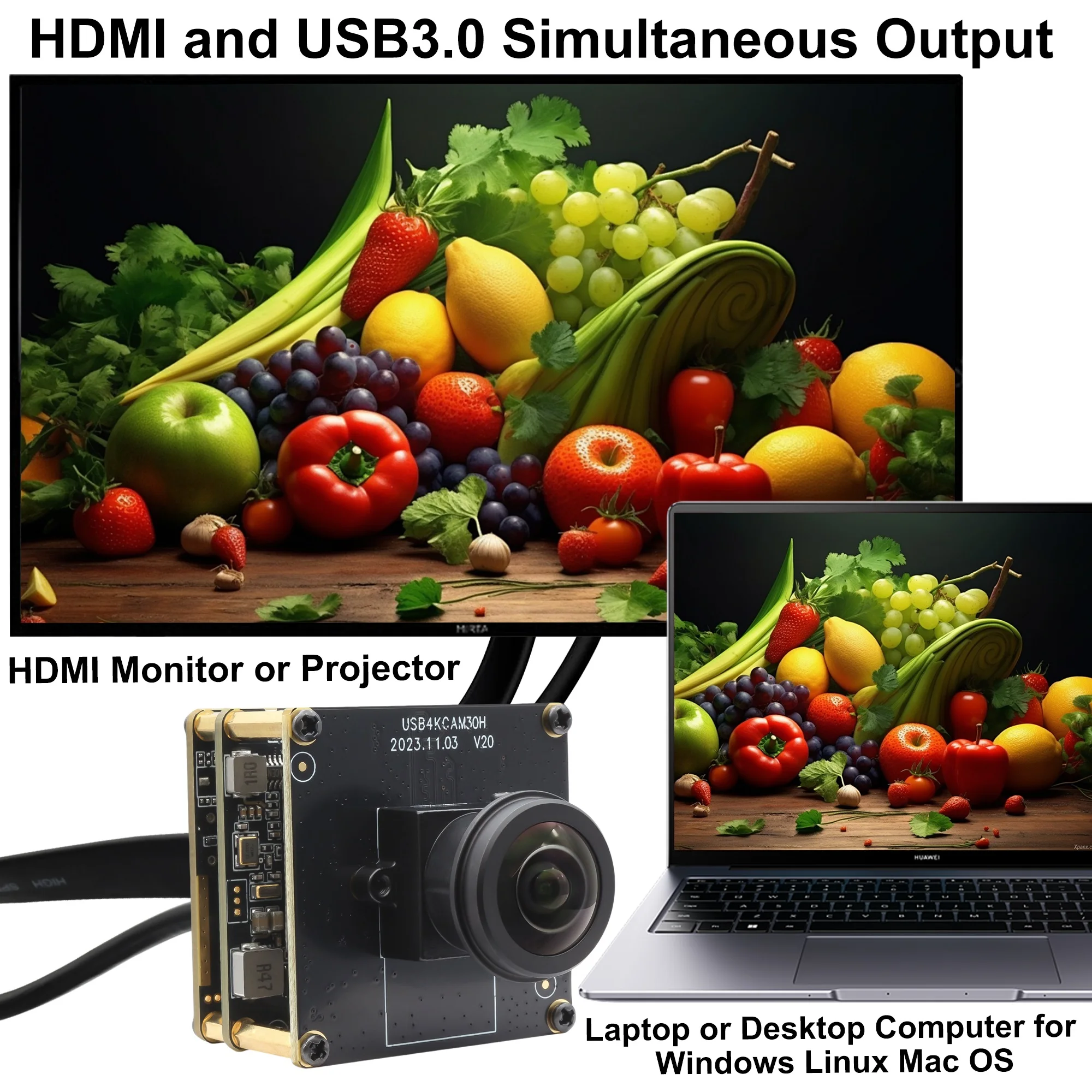 ELP 4K HDMIカメラモジュール 180度魚眼レンズ USB 3.0接続