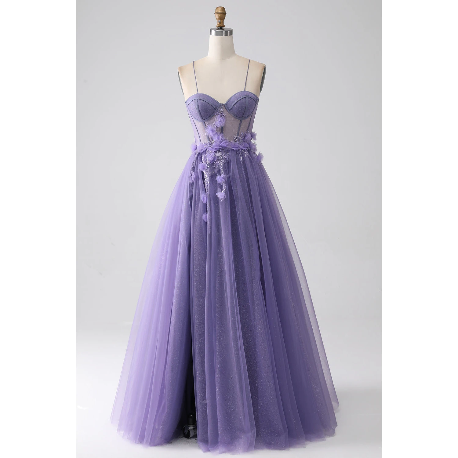 Purple A-Line Spaghetti Straps Corset Prom Dress With 3D Flowers