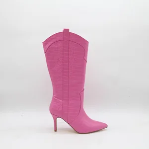 BUSY GIRL HQ1157 Wholesale Women's Hot Pink Crocodile Print Mid Claf Boots Pointed Toe Stiletto Heel Western Style Boots Warm
