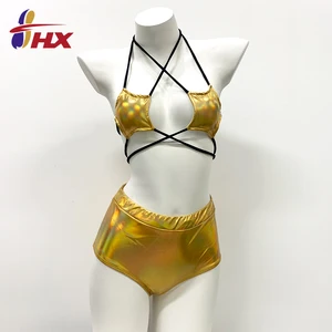 Customized Fashion Shiny Golden Metallic Print Women's Two-Piece Eco-Friendly Anti-UV High-Waisted Bikini Swimwear