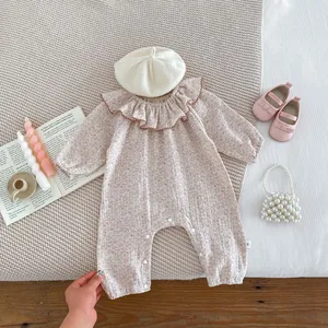 Autumn Cute Korean-Style Infant 100% Cotton Floral Pattern Ruffled Button Closure Baby Girl Rompers ODM