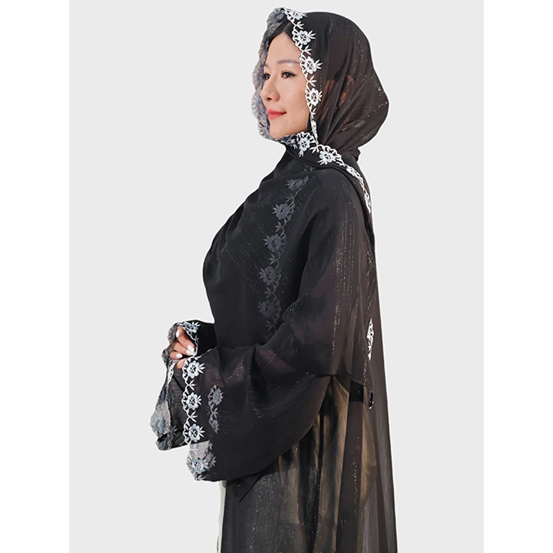Elegant Black Abaya With Floral Bloom Embroidery Kimono Abaya Islamic Vestidos Dubai Arab Long Rob Women Muslim Abaya