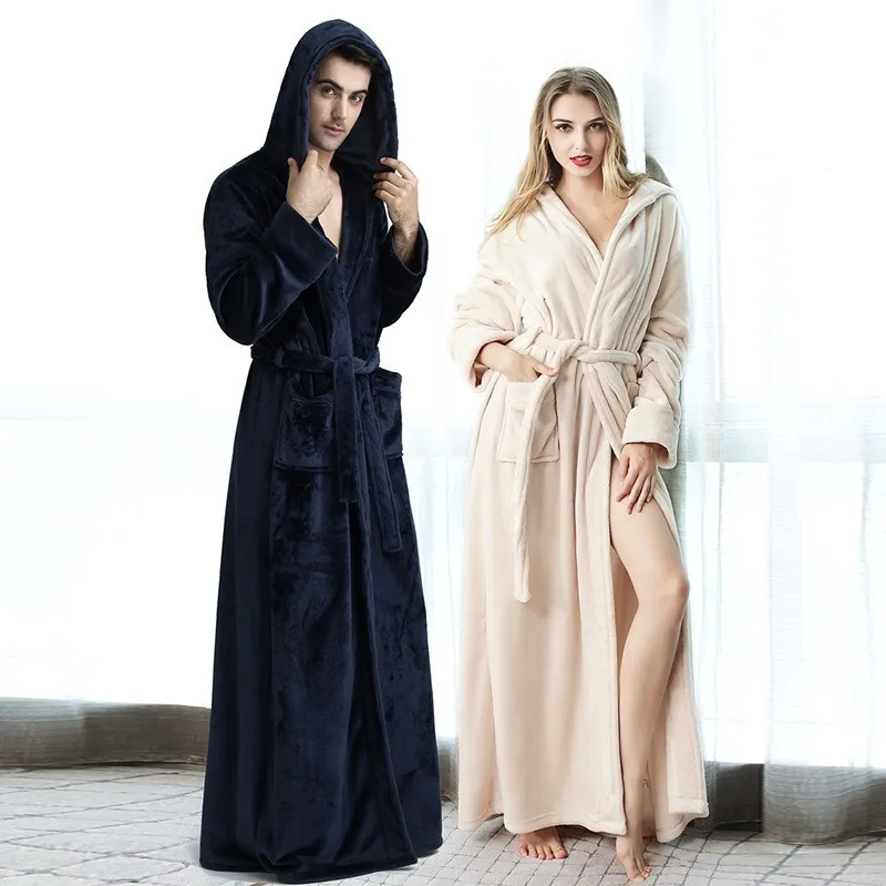 Autumn Winter Thickened Long Bathrobe Women's Winter Coral Fleece Men's Solid Hooded Pajamas Couple's Flannel Nightgown