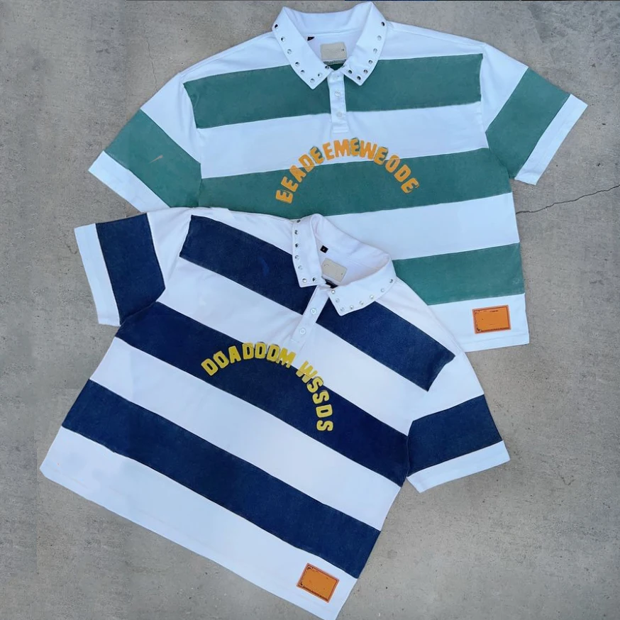 Salati T-shirt Manufacturing Designer Stud Rivet Stripe Printed Polyester Cotton Short Sleeve Boxy Cropped Polo Shirt for Men gallery 2