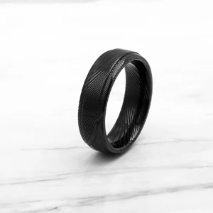 Classic Damascus Steel Wedding Band Black Ring with High Polished Stepped Edge Damascus Steel Ring Gift for Him