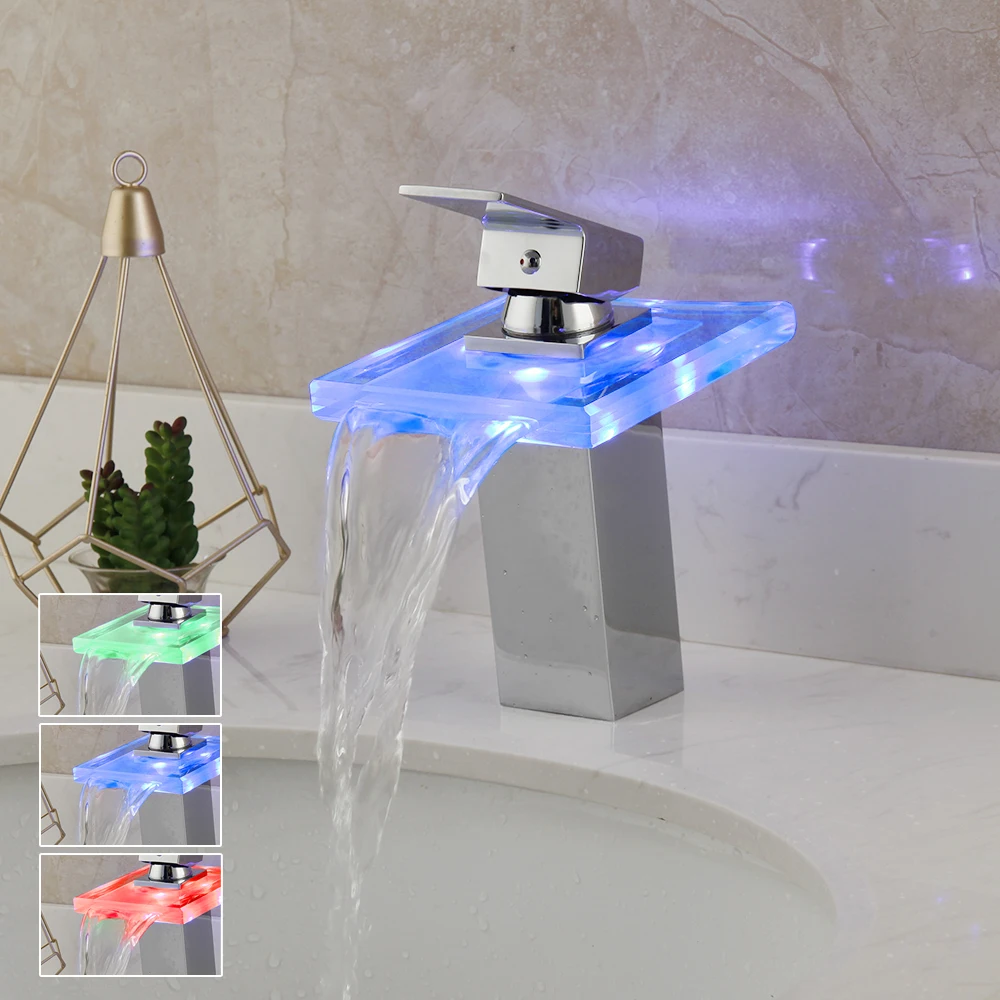 Bathroom Vanity Basin Chrome Led Glass Waterfall Spout Taps Single Level Faucet Buy Sink Waterfall Faucets