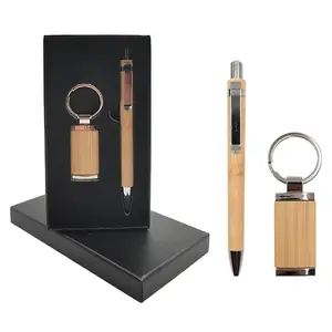 Custom Logo Engraved Business Gift Set Natural Bamboo Promotional Keychain & Pen for Carabiners for Corporations